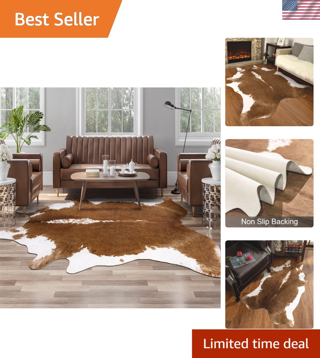Elegant Faux Cowhide Rug 4.6×5.2ft – Versatile Carpet for Bedroom & Living Areas