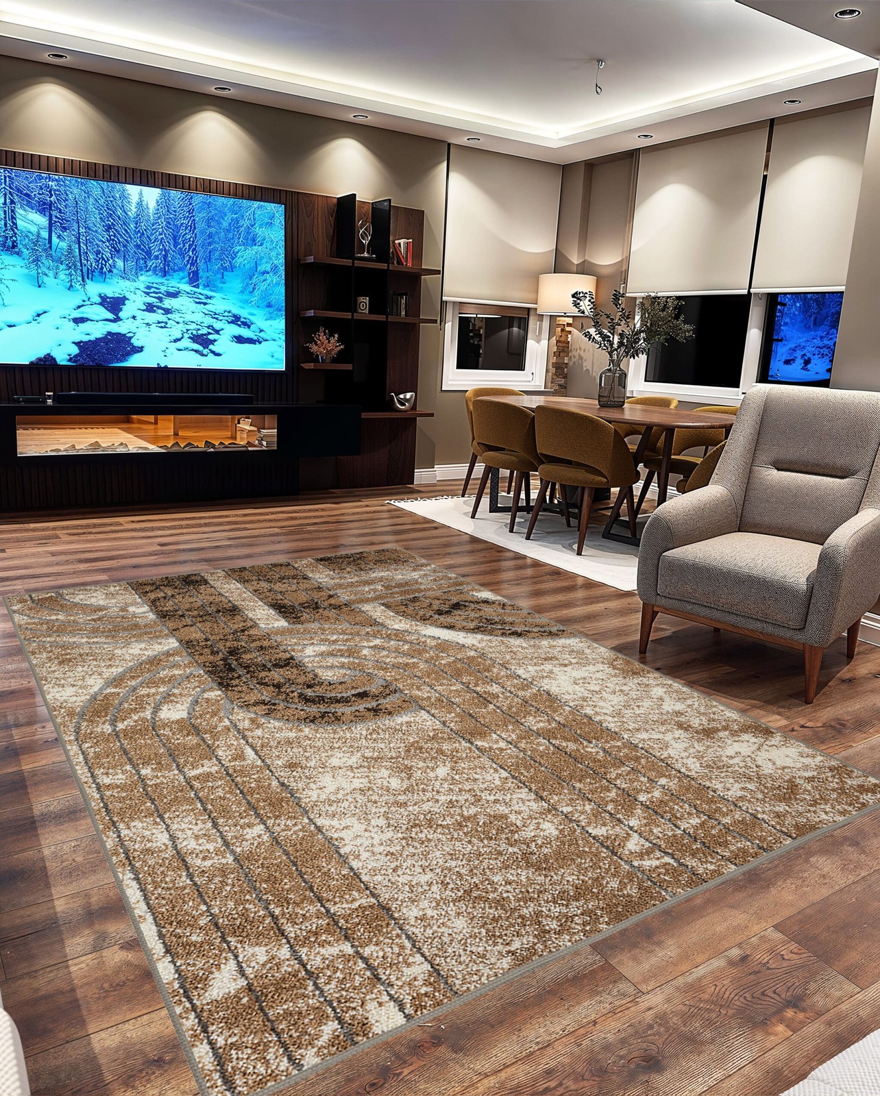 Modern Shaggy Rug Abstract Geometric Design 1523 (5×8 (5’2″x7’5″),Beige)