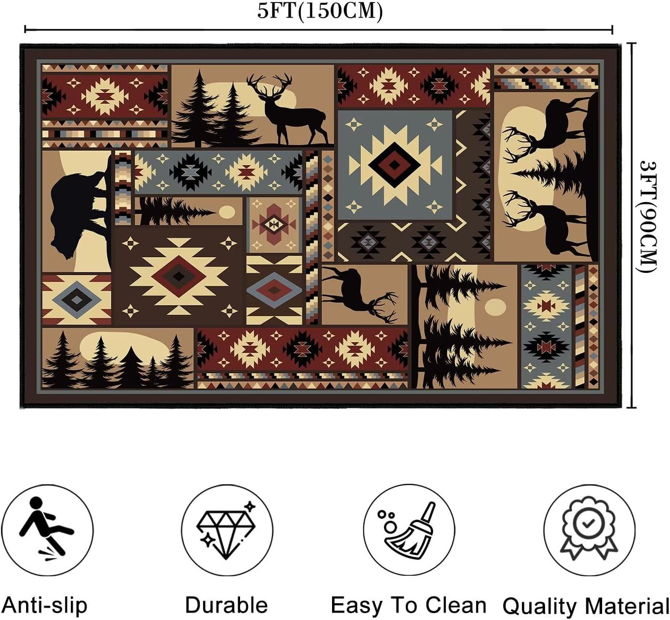 Rustic 3×5 Area Rug – Buffalo Plaid Bear & Moose Design, Non-Slip Washable Carpe