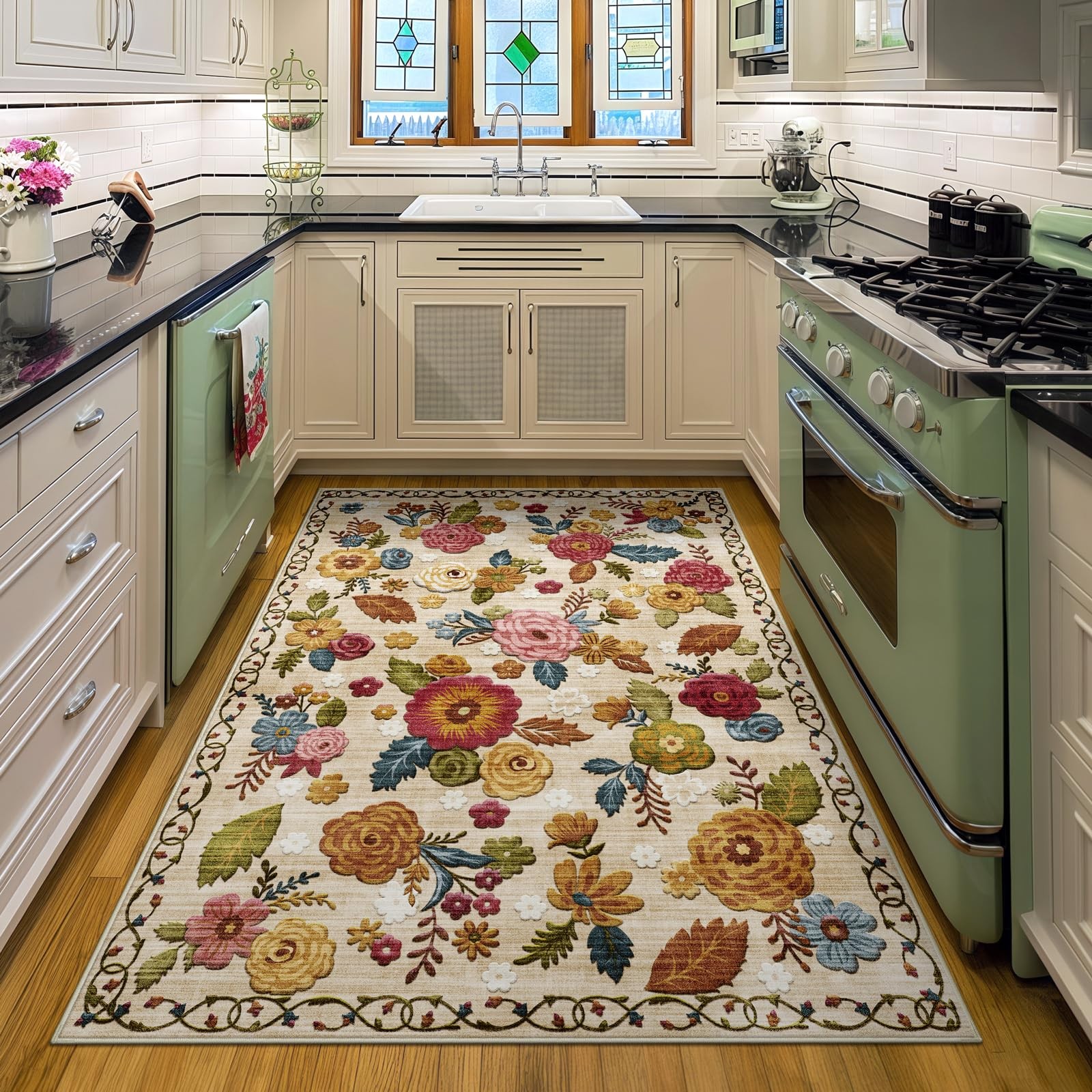 4×6 Machine Washable Area Rug for Living Room, Beige Vintage Boho Floral Rug …