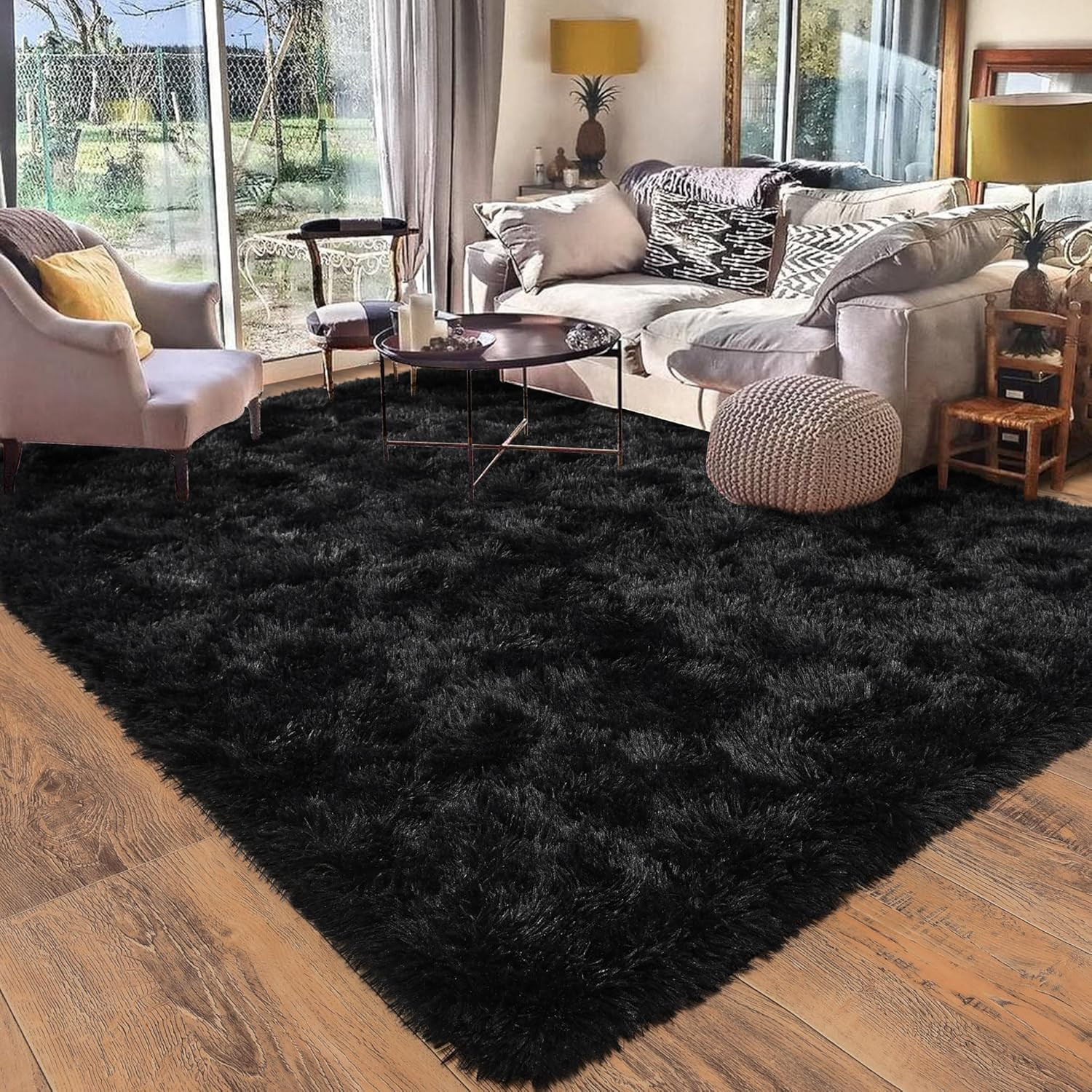 Black Rug for Bedroom, Soft Shaggy Modern Shag 4X6 Area Rugs for Living Room, Up