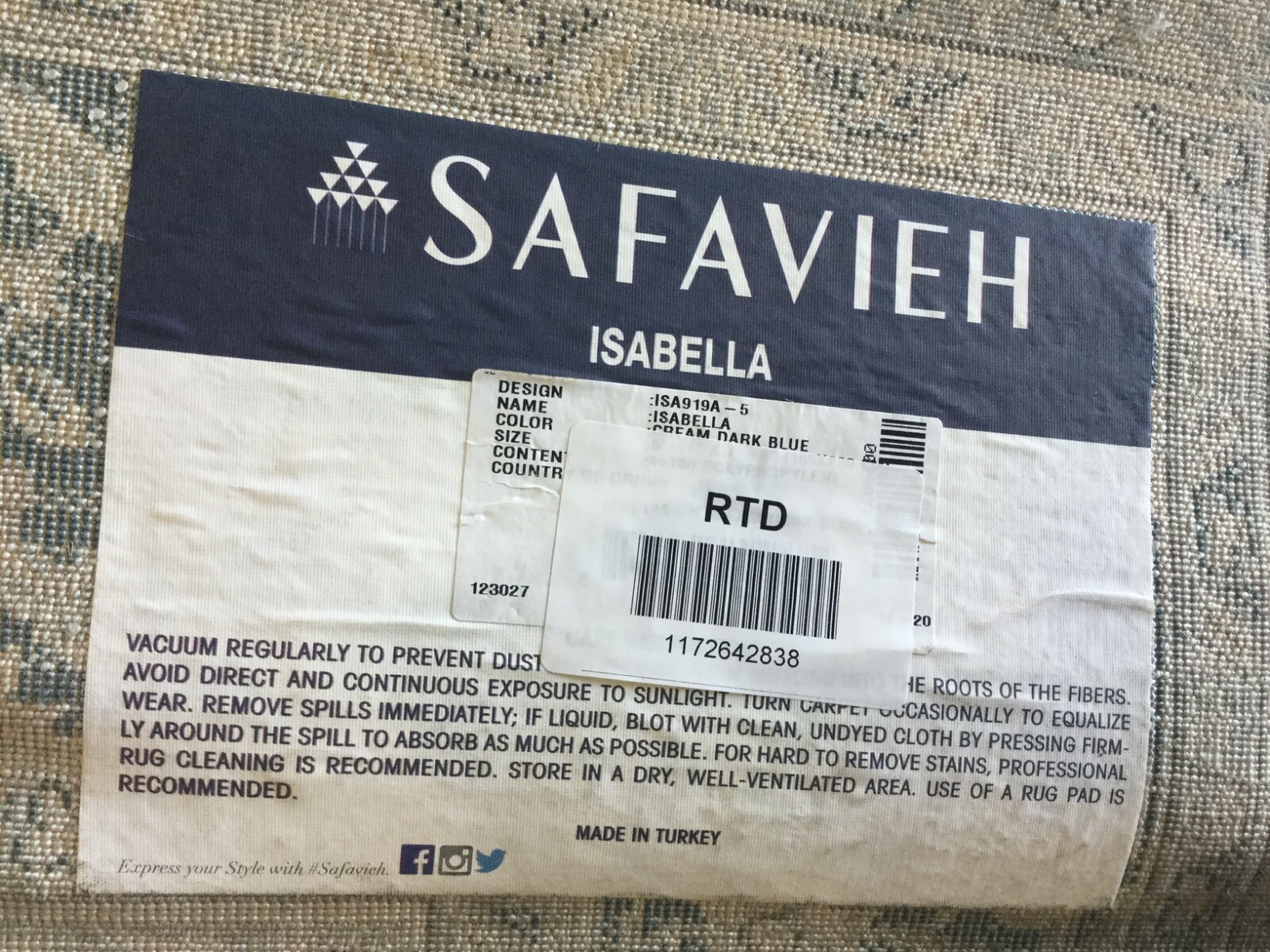 CREAM /DARK BLUE 5′-3″ X 7′-6″ Back Stain Rug, Reduce price 1172642838 ISA919A-5