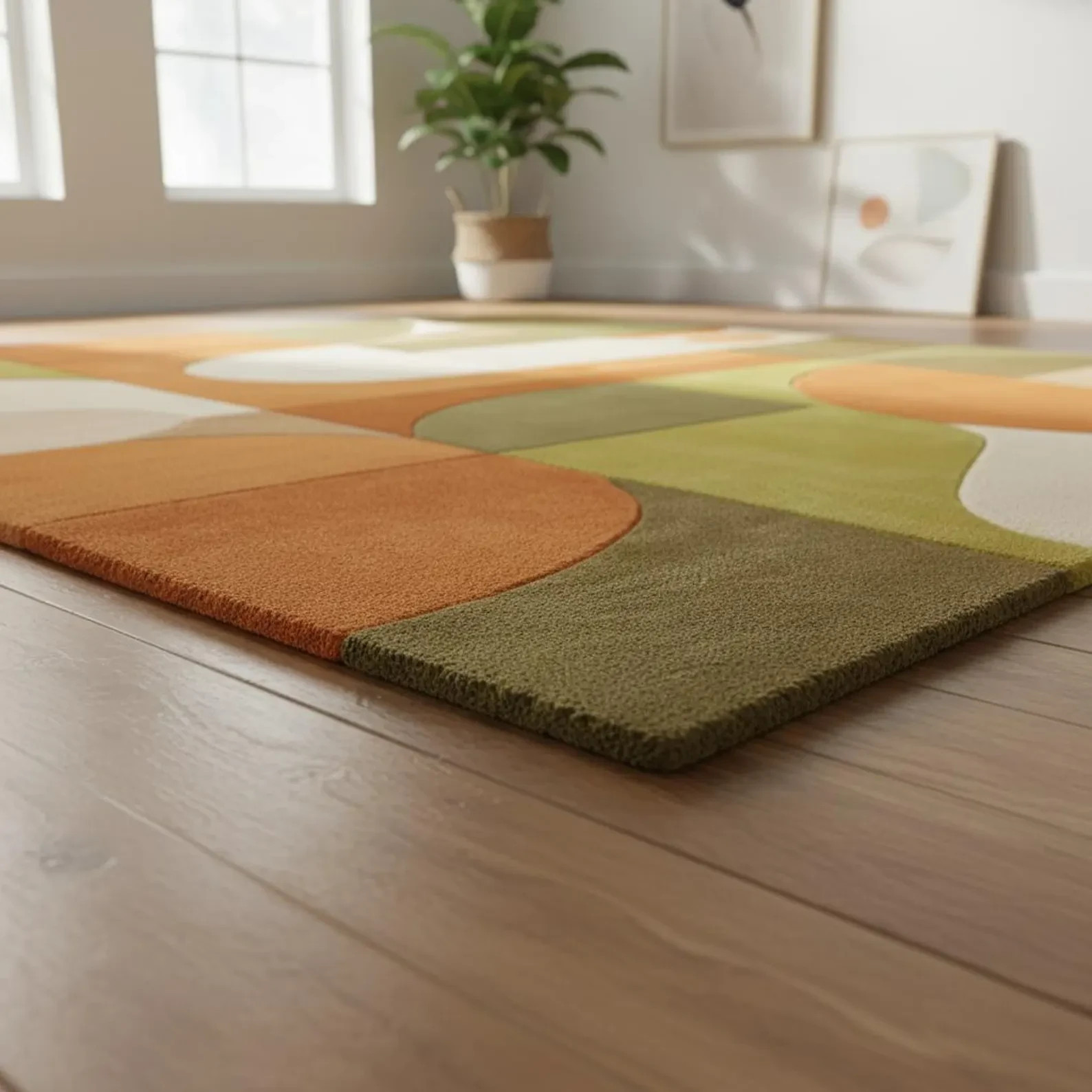 Mid-Century Modern Rug • Retro Geometric Orange Olive Abstract Carpet