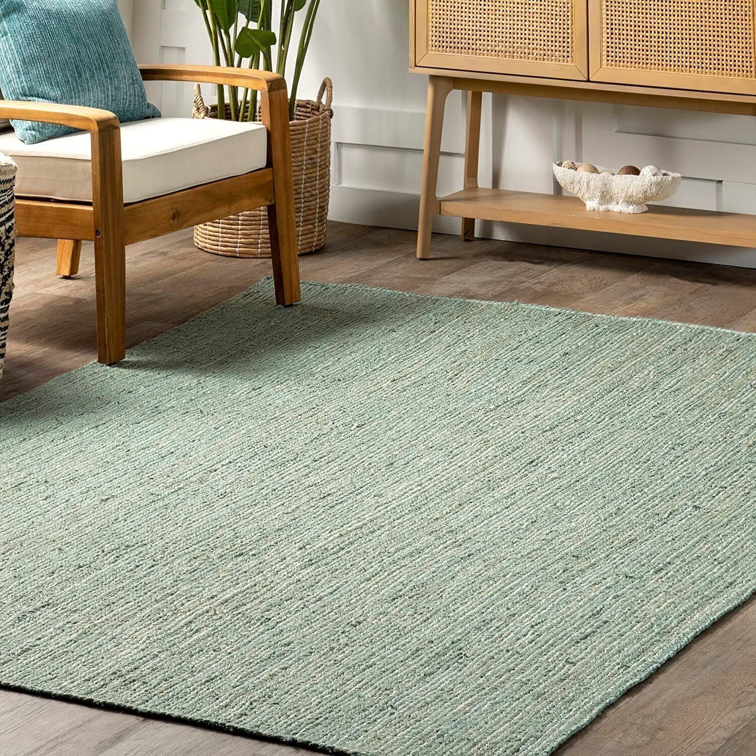 Handmade Jute Rug Green Color Hand Braided Bohemian Modern Carpet For Living Mat