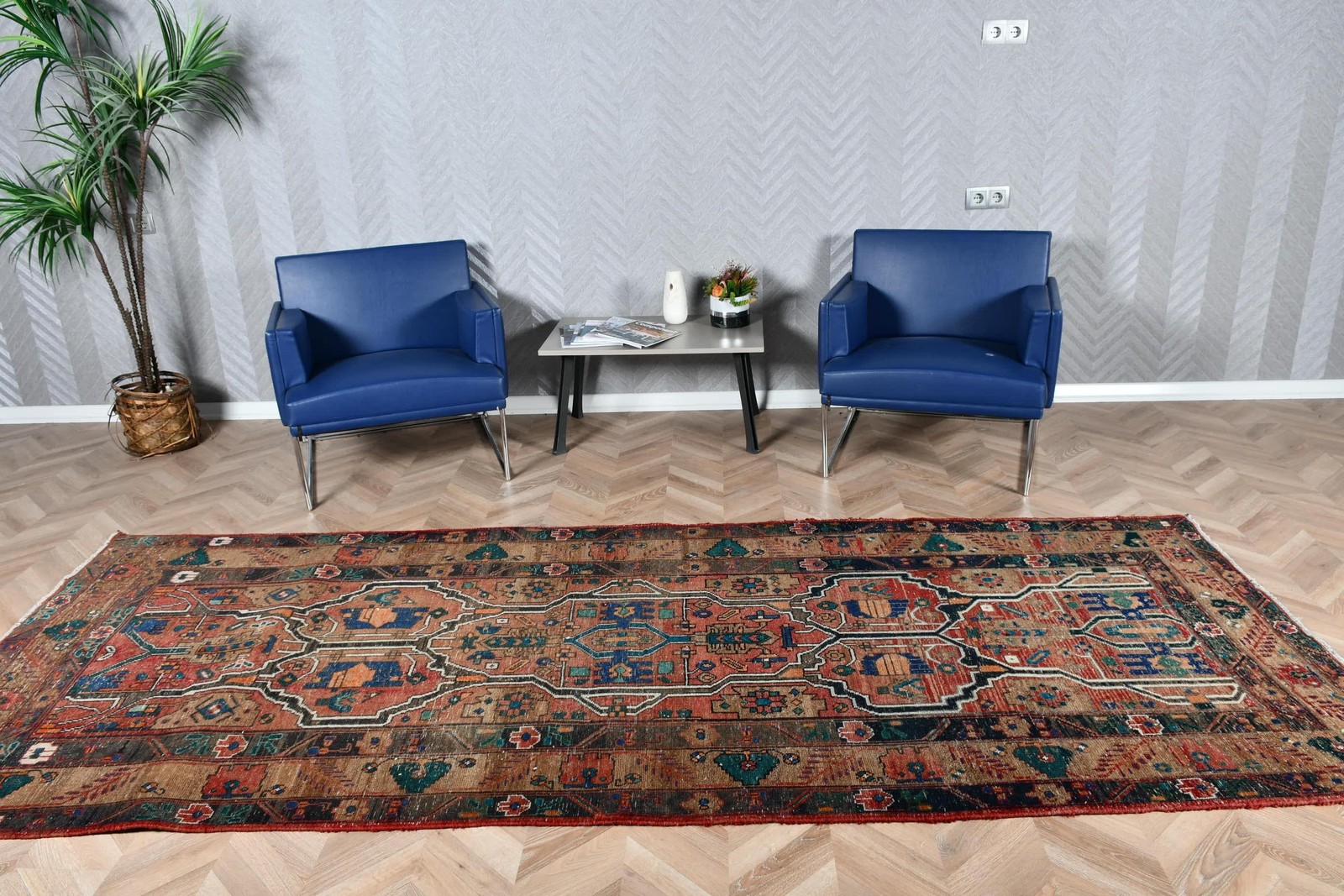 4,5×10,9 ft Turkish Rug, Red Abstract Vintage Rug Wool