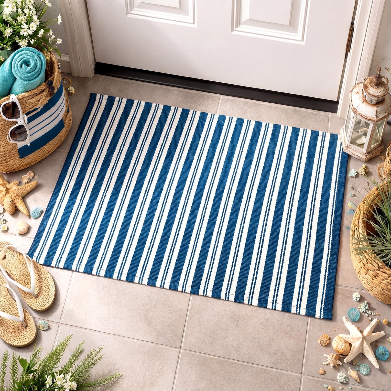 Navy Blue and White Striped Outdoor Rug, 2′ x 3′ Nautical Beach Front Porch R…