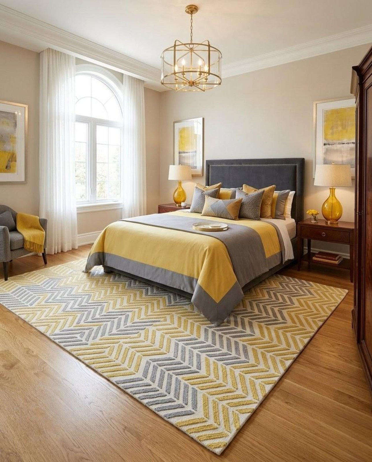 Yellow Grey Chevron Hand Tufted Wool Rug – Geometric Pattern Handmade Carpet