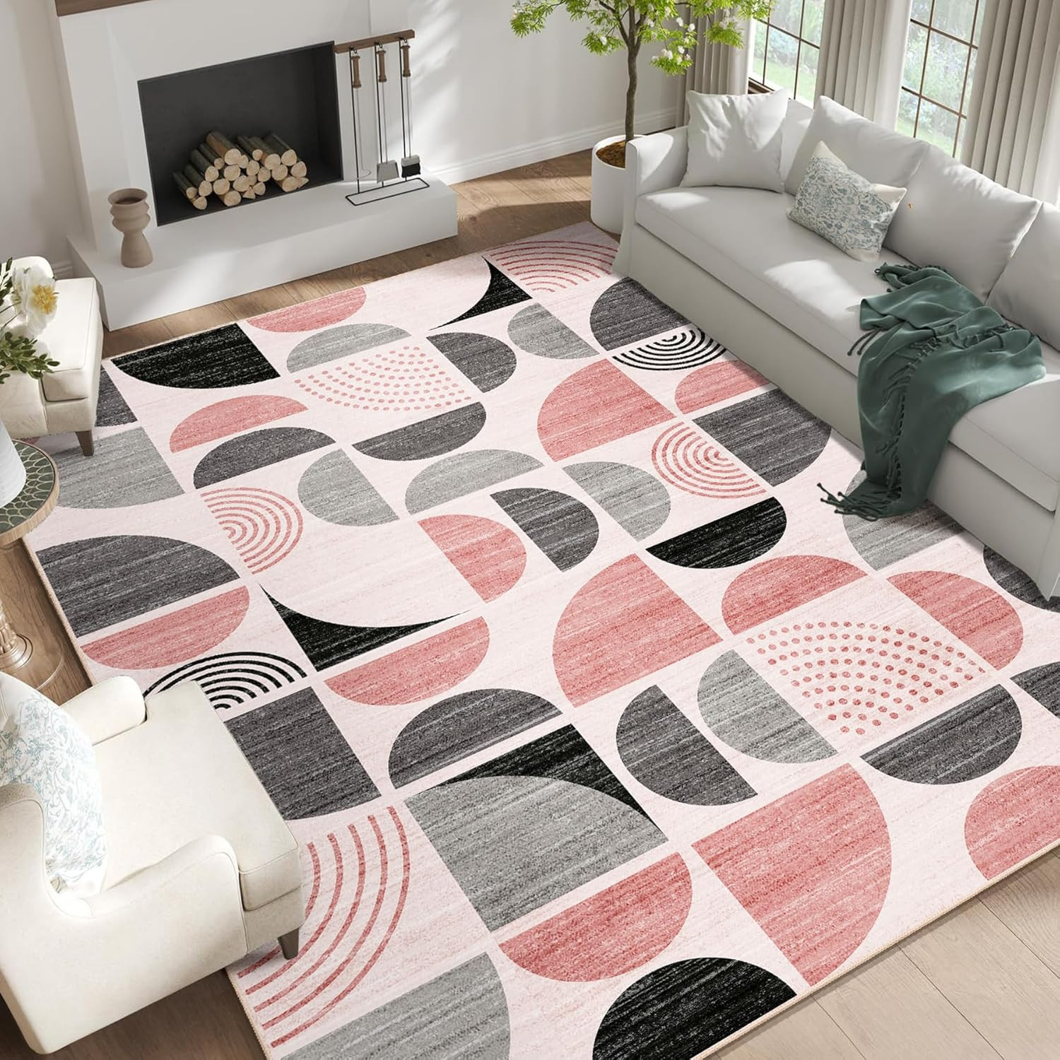Soft Pink Washable 9×12 Boho Area Rug for Living Room & Bedroom Non-Slip