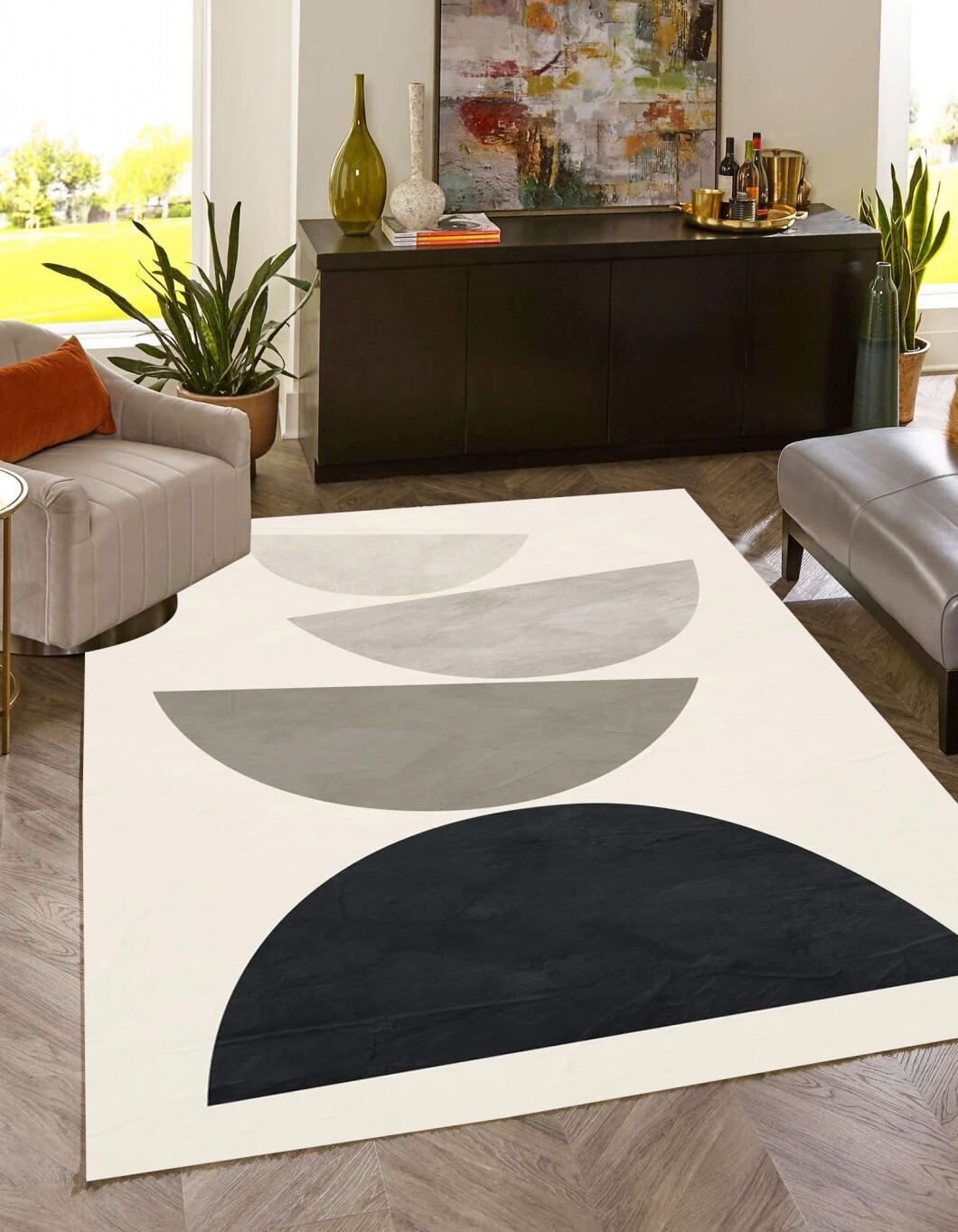 Black Grey Arch Semicircle Minimalist Area Rug for Living Room Dining Room