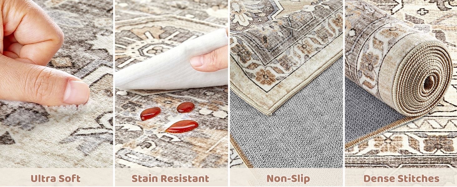 Washable Area Rug, Non-Slip Boho Farmhouse Vintage Carpet, Beige/Brown, 5×7