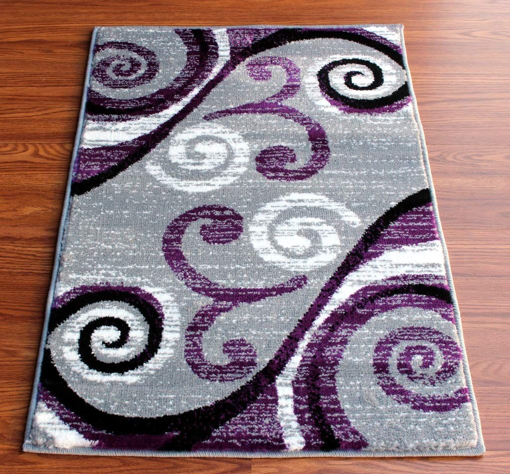 Modern Area Rug 2×3 ft – Contemporary Purple Grey White Black Design Mat