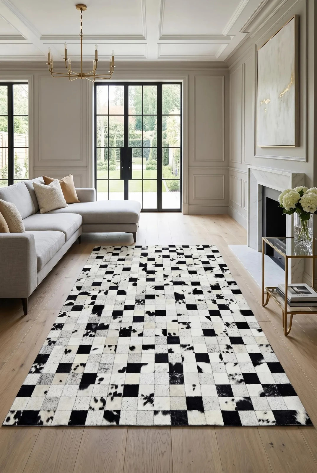 Black White Cowhide Patchwork Rug Handmade Leather Area Rug Modern Checkered Mos