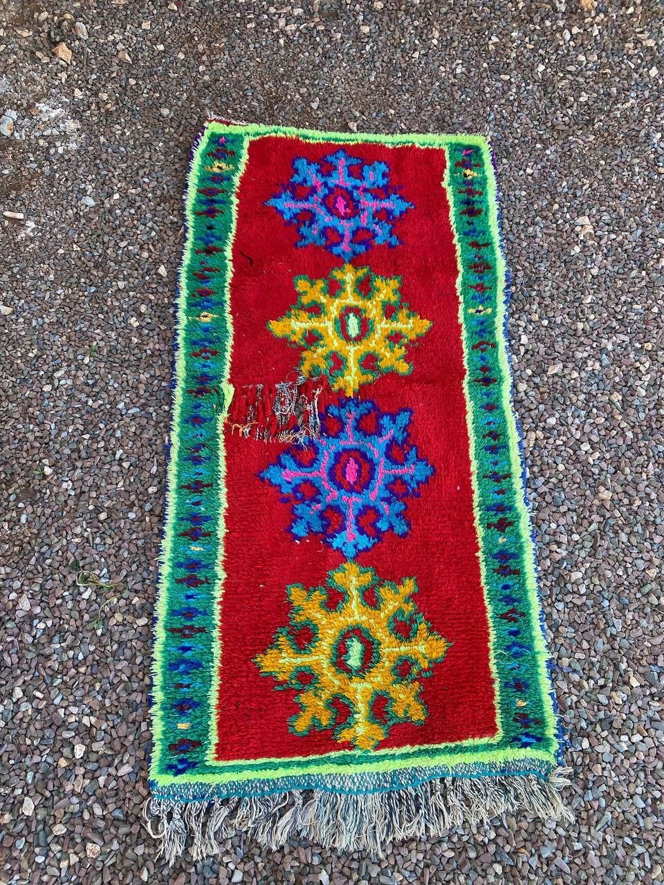 Vintage Moroccan Handmade Rug 2’6×6′ Tribal Red Green Berber Cotton Hallway Rug