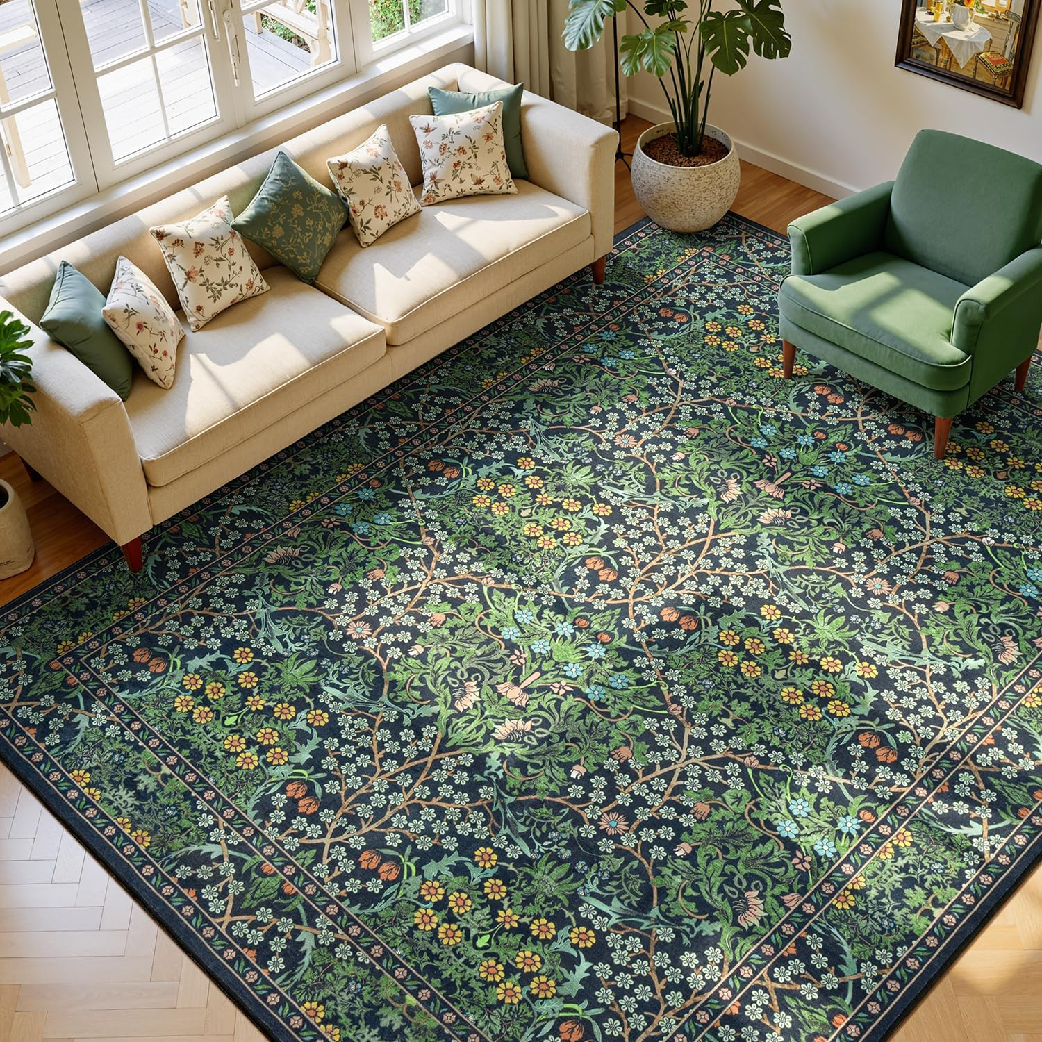 Floral Living Room Rug 8X10 Area Rugs, Vintage Forest Washable Rugs for Dining R