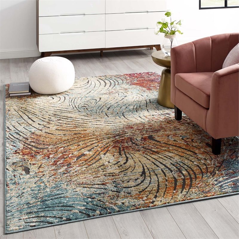 Modway Tribute 63×90.5″ Polyester Ember Vintage Mosaic Area Rug in Multi-Color
