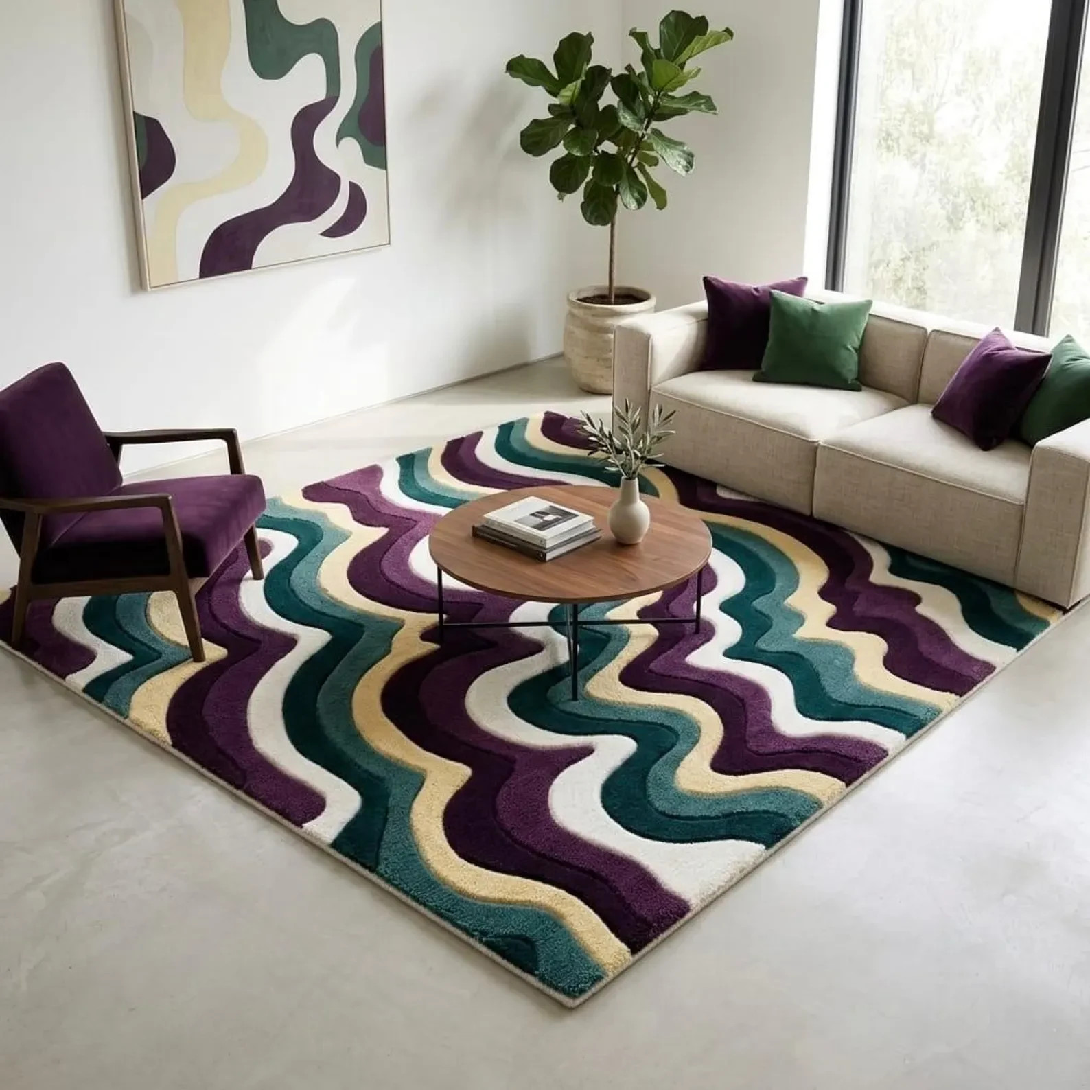 Hand tufted, Modern Wavy Abstract Rug, Purple Green Cream Area Rug Luxury Room