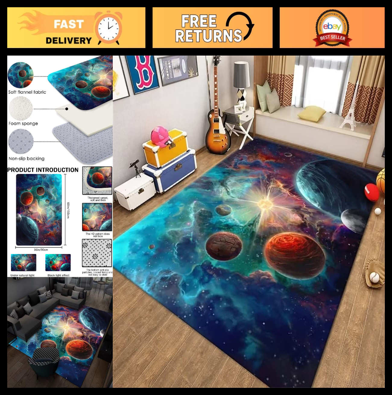 Galaxy Space Rug 3×5 ft for Kids Room – Outer Space Carpet, Solar System Design,