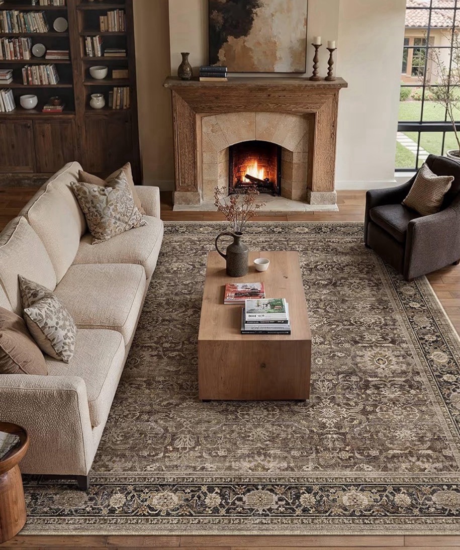 8×10 Brown/Beige Washable Traditional Floral Flat Woven Polyester Area Rug