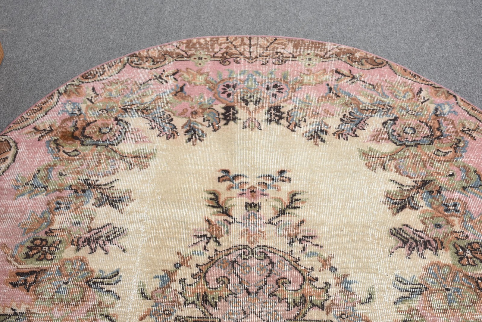 Vintage Turkish Rug, 4,9×4,9 ft Round Rug, Pink Brown Oriental Rug