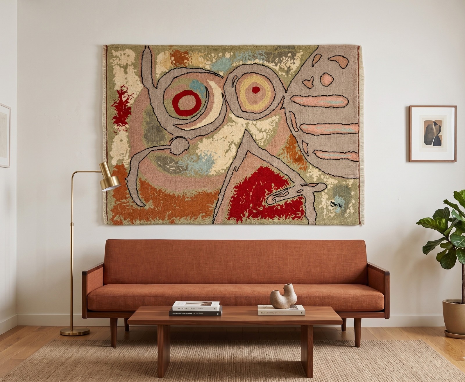 Vintage Mid-Century Joan Miro Art Tapestry Rug “Woman and Birds” Rug 4′3″ x 5′10