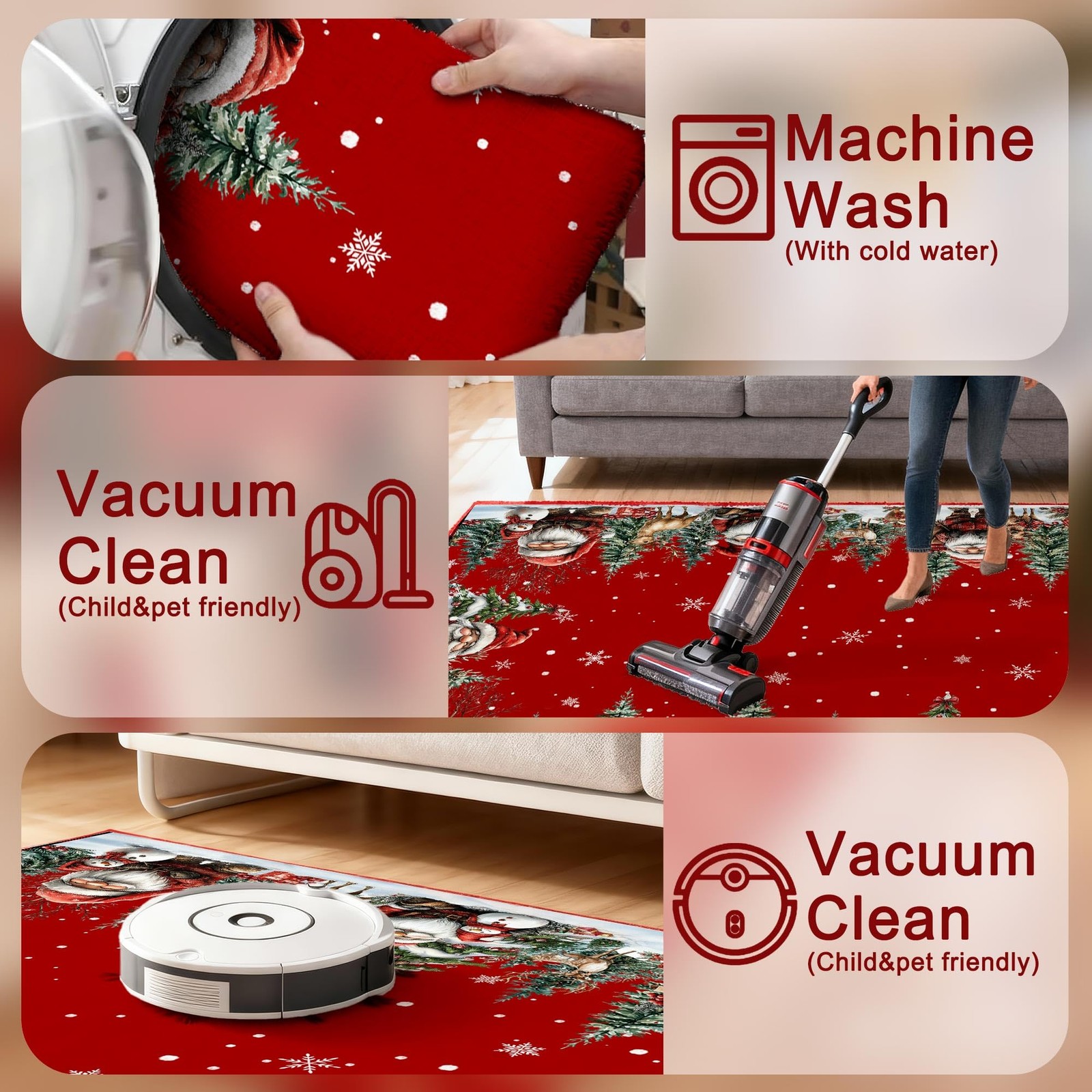Christmas Door Mat Santa Snowman Red Washable Non Slip Low Pile Entryway Rug