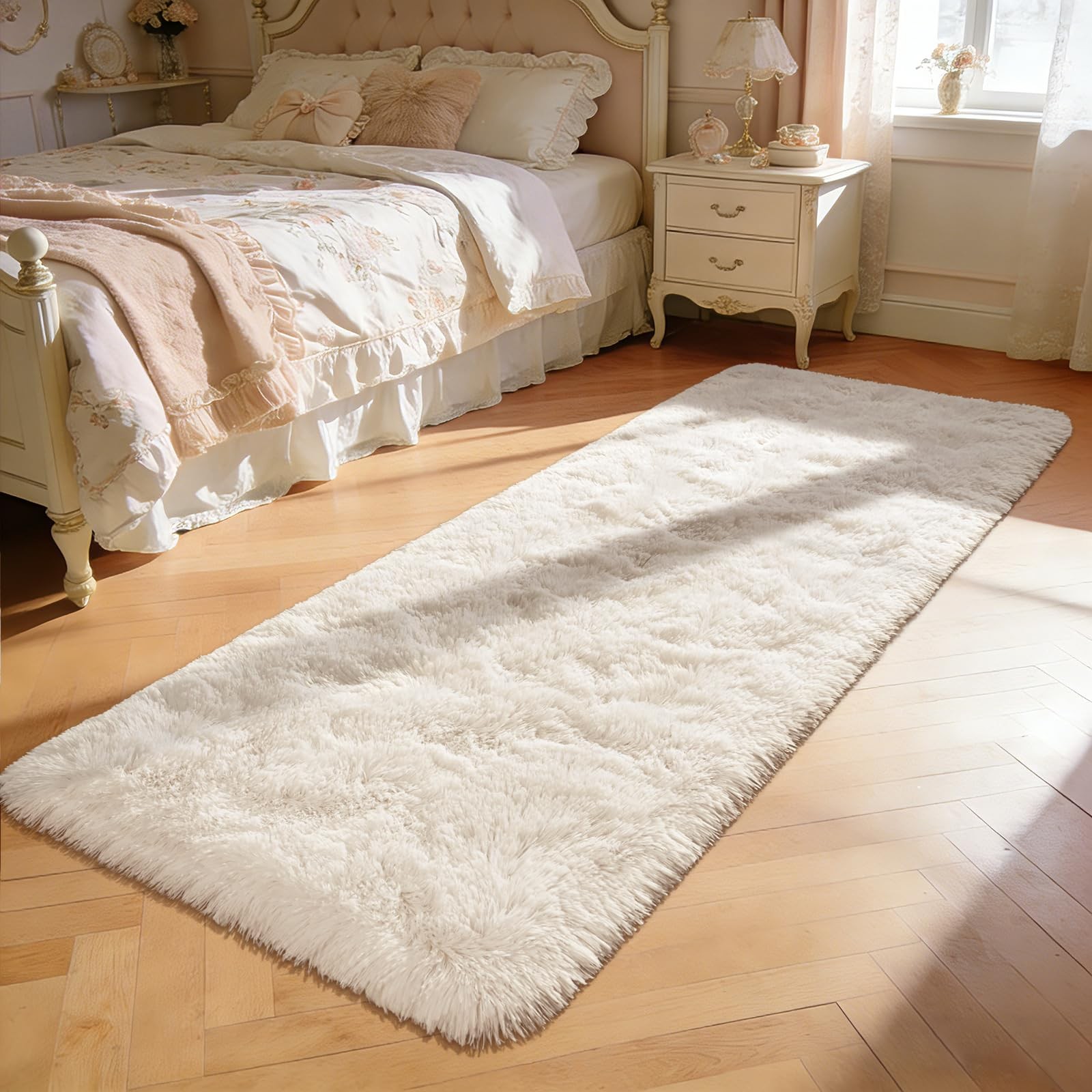 Fluffy Runner Rug for Bedroom Living Room, 2×6 Feet Ivory Shag Area Rugs, Sof…