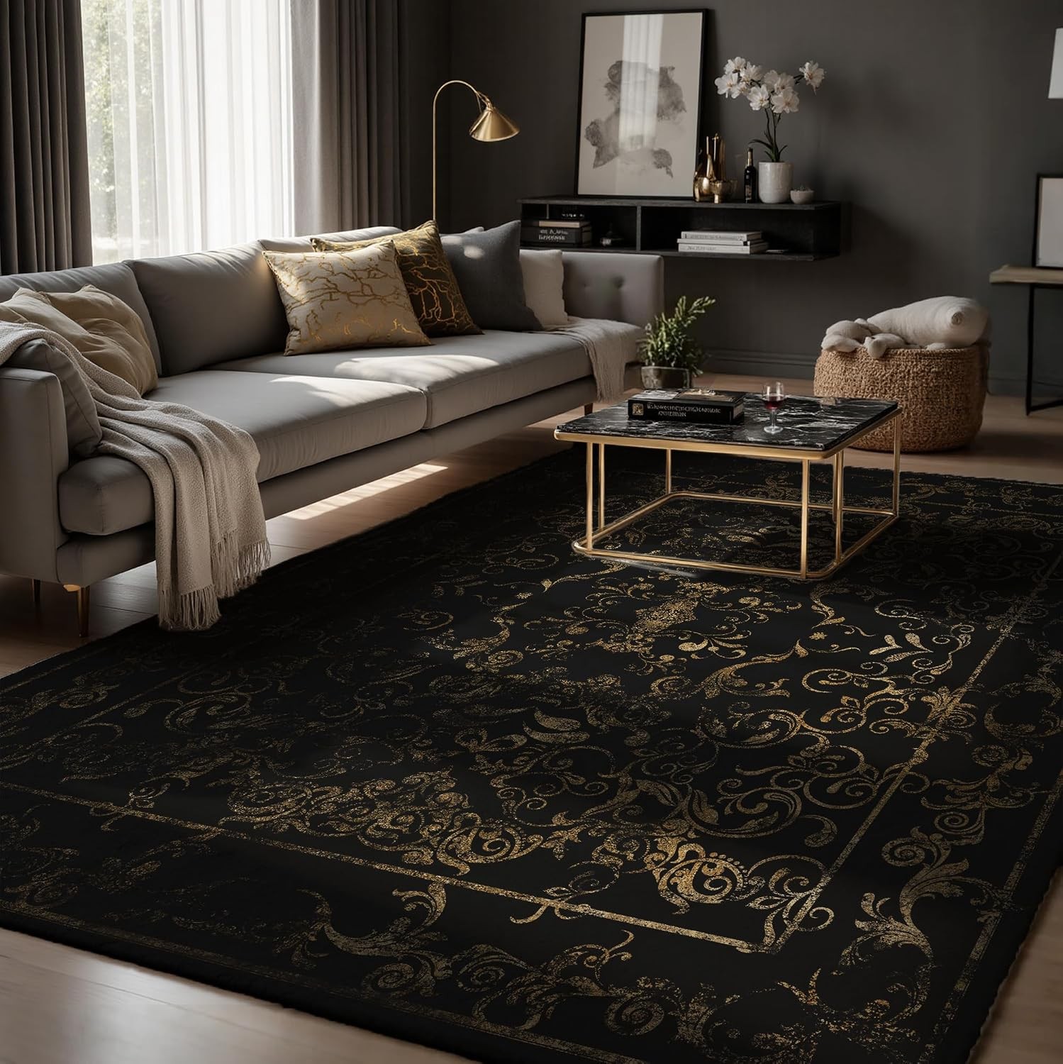 Dark Baroque Gold & Black Area Rug 8×10 – Intricate Filigree Carpet with