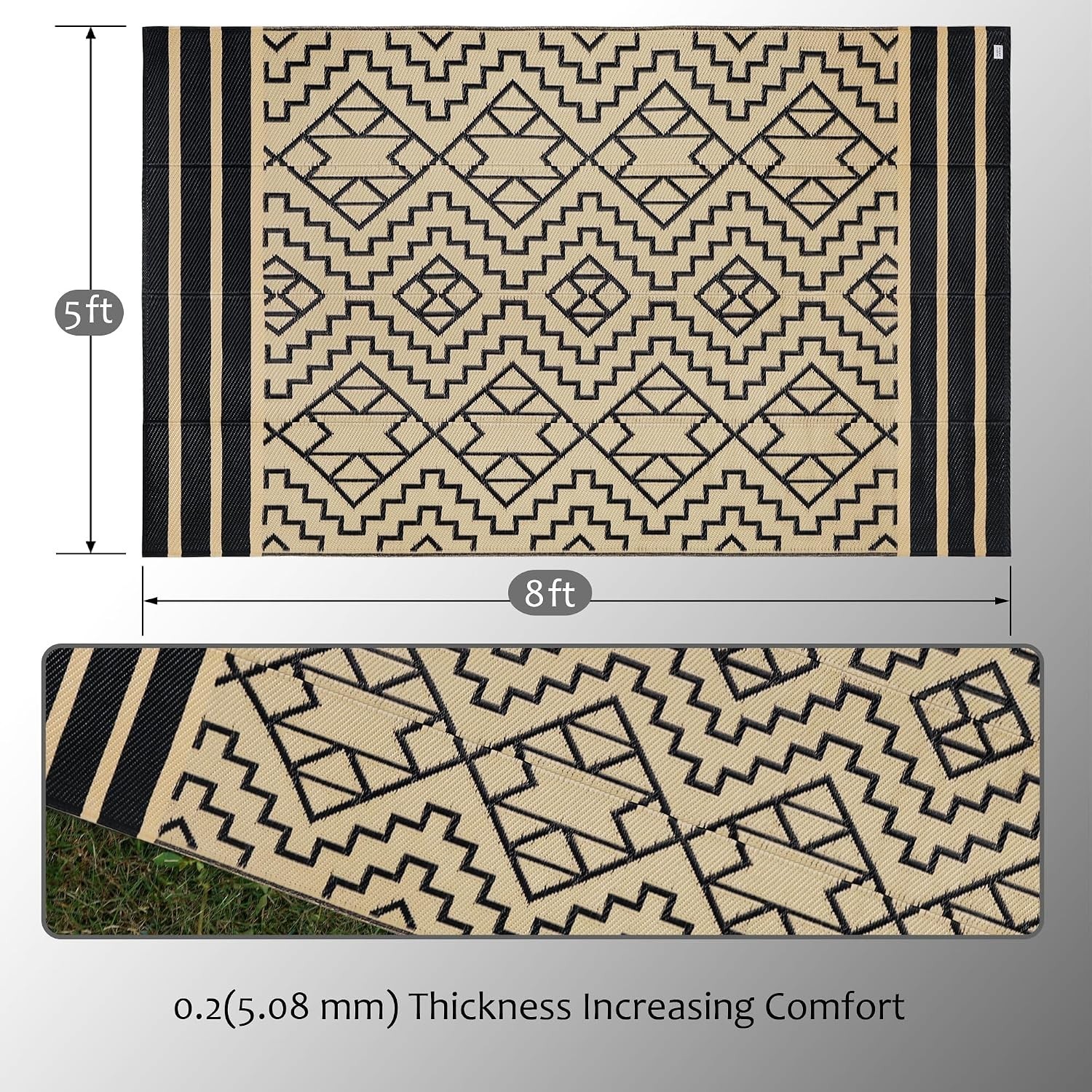 Reversible Plastic Rug 5×8 Outdoor Patio RV Beach Deck Black Beige