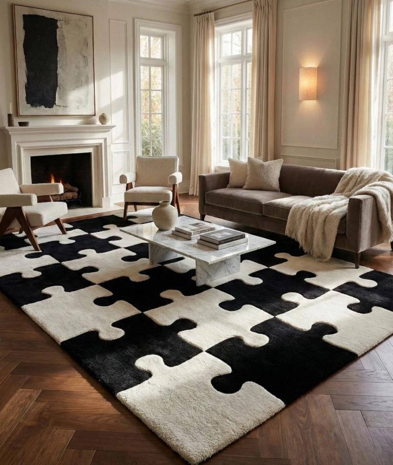 Modern Black & White Puzzle Pattern Area Rug – Geometric Checkered Carpet 6×9