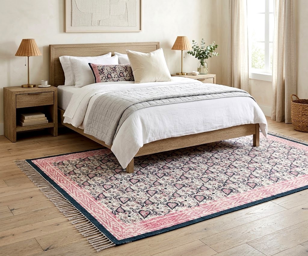 Pink Floral Indian Hand Block Print Handmade Runner Rug Kitchen Bedroom Rug 2×10