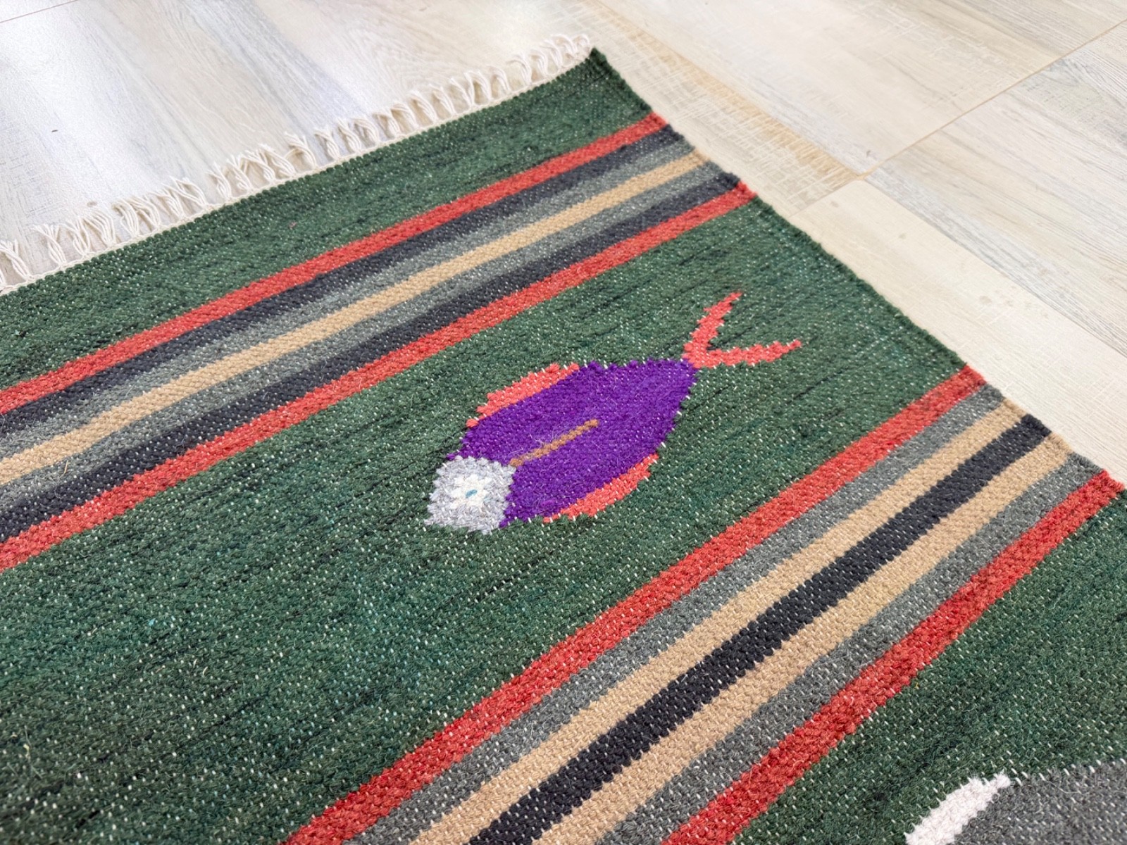 Hand Woven Wool Area Rug 3×5 Forest Green Flat Weave Indian Folk Art Dhurrie Rug