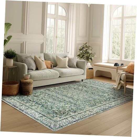 Dark Green 5×7 Area Rugs for Living Room – Low Pile – Soft Moody Floral