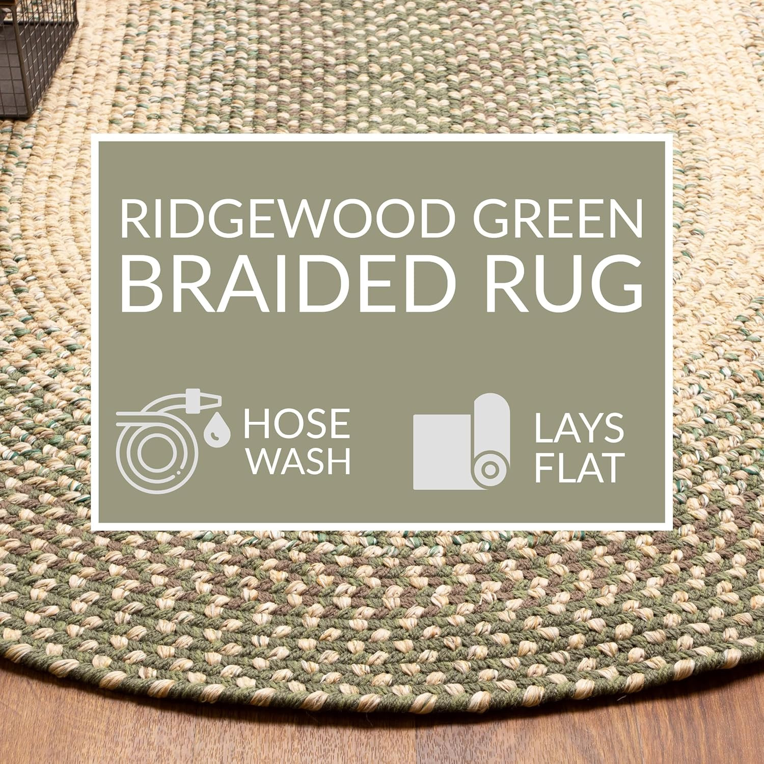 Reversible 4Ft Round Braided Rug in Forest Green/Beige for Kitchen & Dining