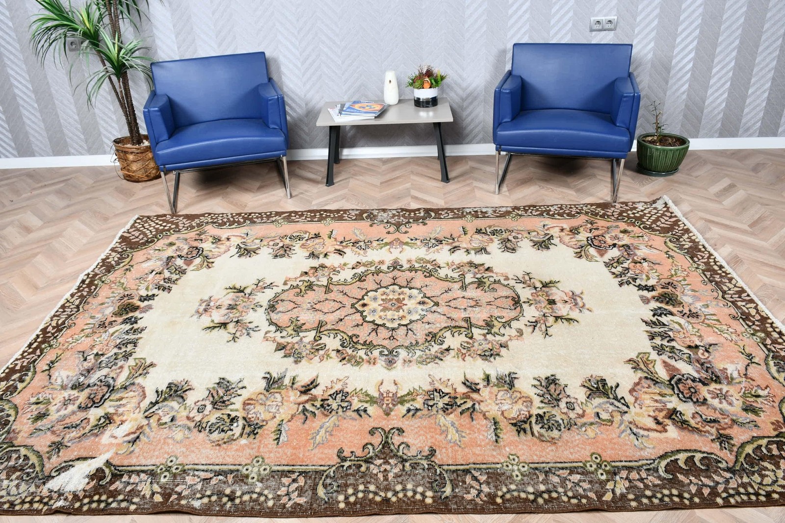 Vintage Large Rug 6,6×9,6 ft, Brown Orange Floral Rug Wool