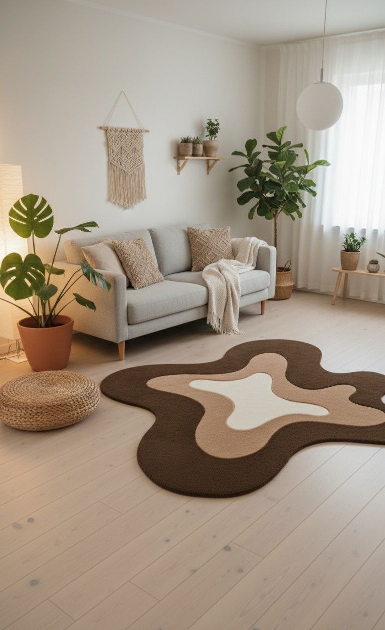 Modern Abstract Area Rug 2×3 ft Brown Beige Ivory Organic Shape Accent Carpet