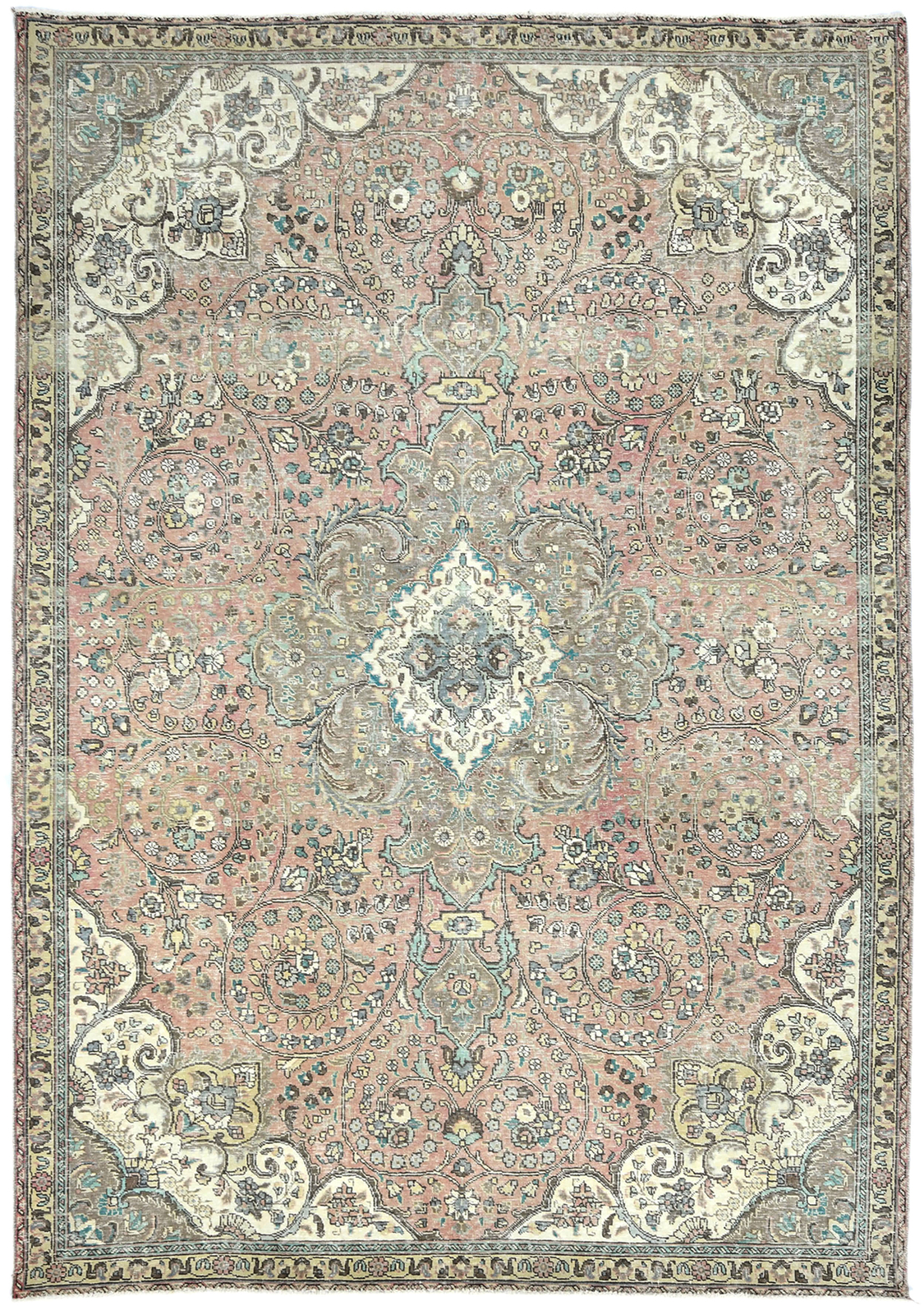 Floral Medallion Antique Oriental Rug Muted Brown Distressed Carpet 7’5X10’5 ft