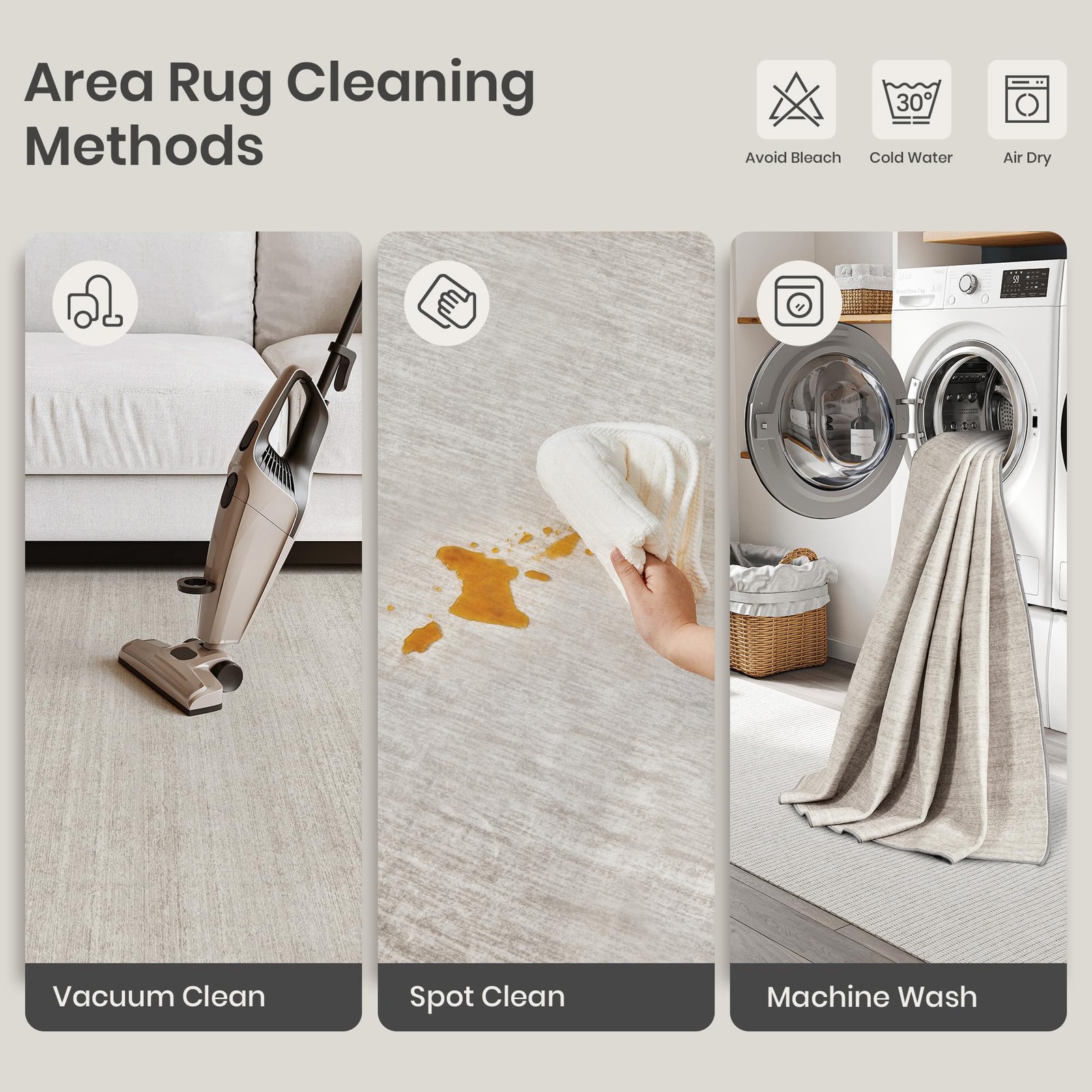 Washable Rugs Stain Resistant Area Non Slip Backing Printed Beige 3×5 Ft