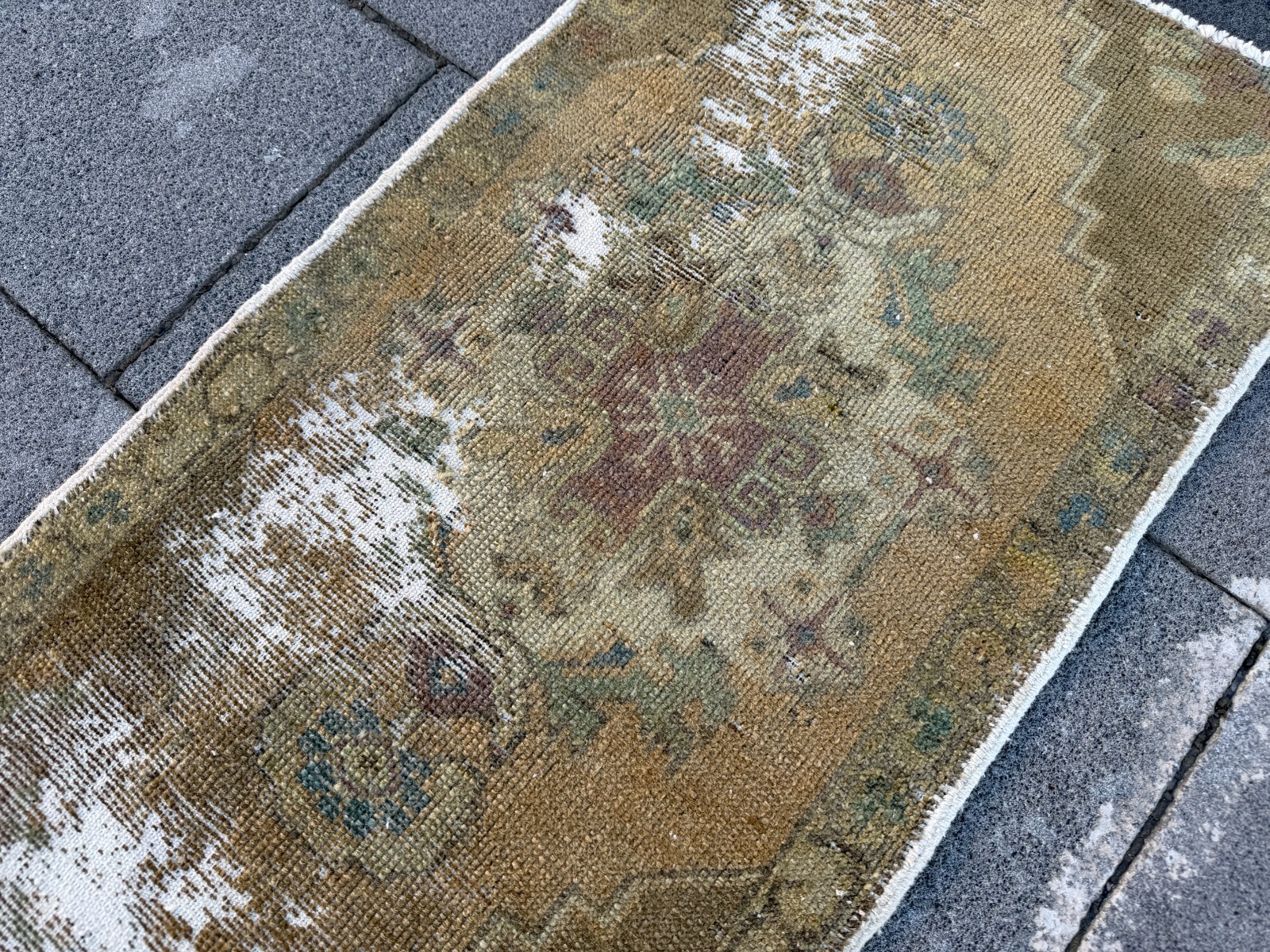 Vintage Turkish Rug 1.6×3.1 ft Olive Green Distressed Anatolian Accent Rug Wool