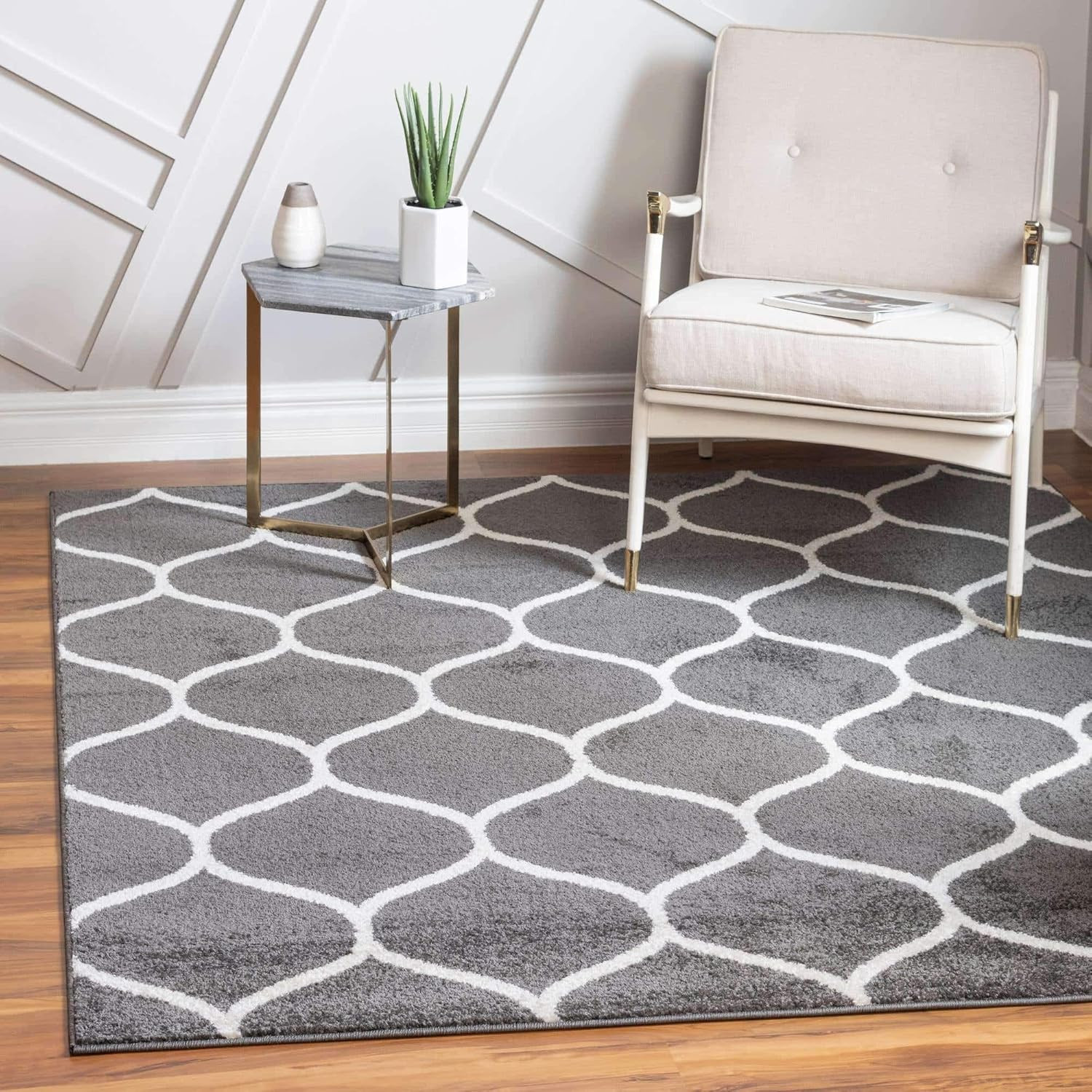 Trellis Frieze Area Rug – 7′ Square, Dark Gray/Ivory, Stylish & Modern