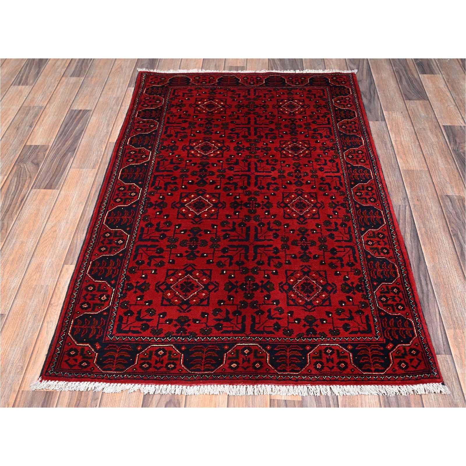 3’1″x4’9″ Red Afghan Andkhoy with Tribal Design Hand Knotted Soft Wool Rug 2444