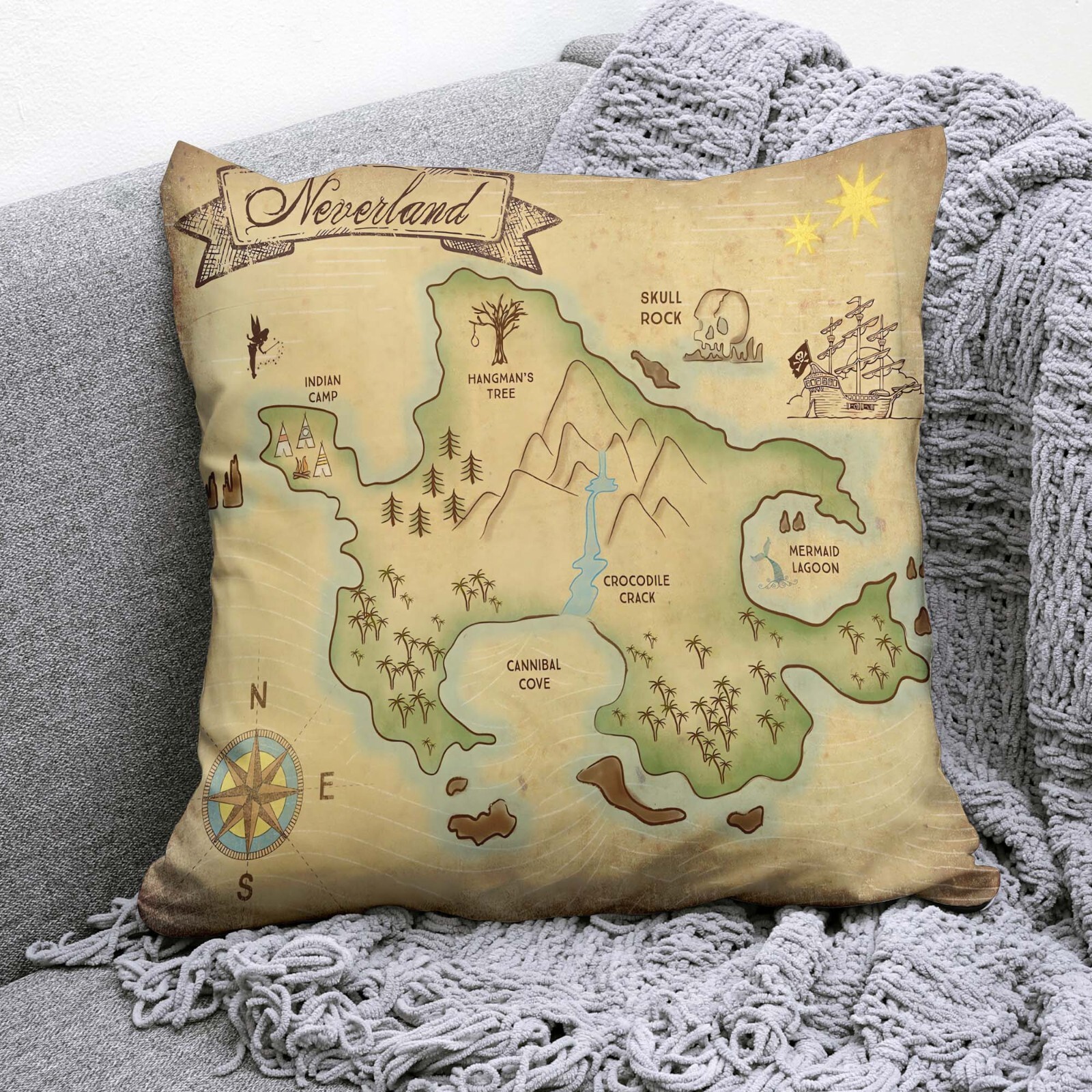 Neverland Pillow, Pirate Map, Fantasy Decor, Peter Pan Gift, Kids Room Art, Map