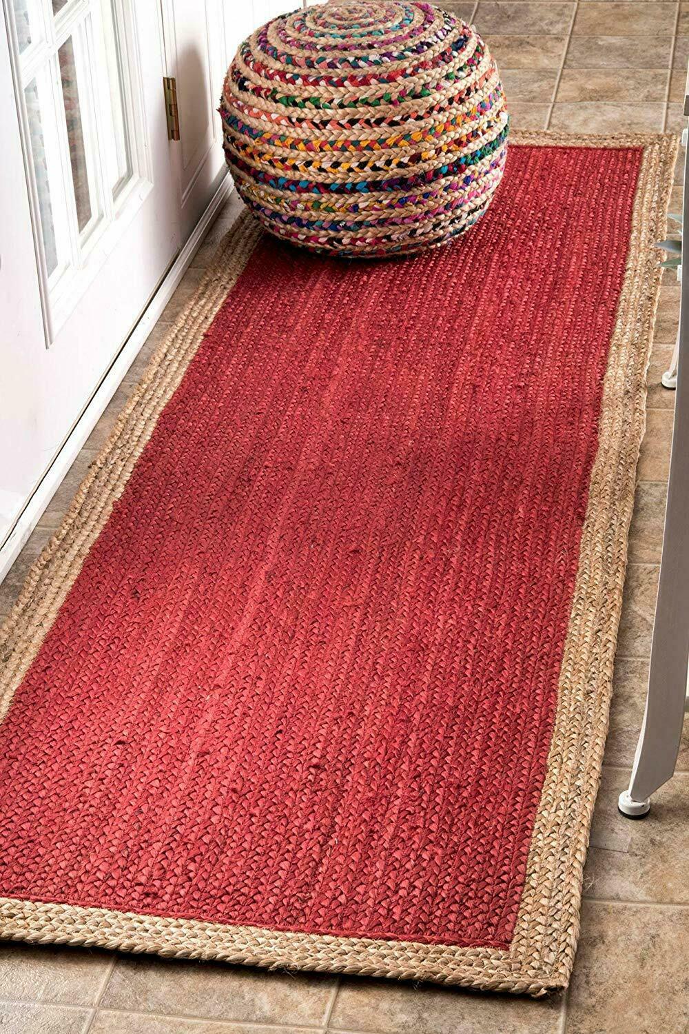 Rug Jute 100% Natural Farm House Braided Rectangle Floor Rug Red Area Runner Rug