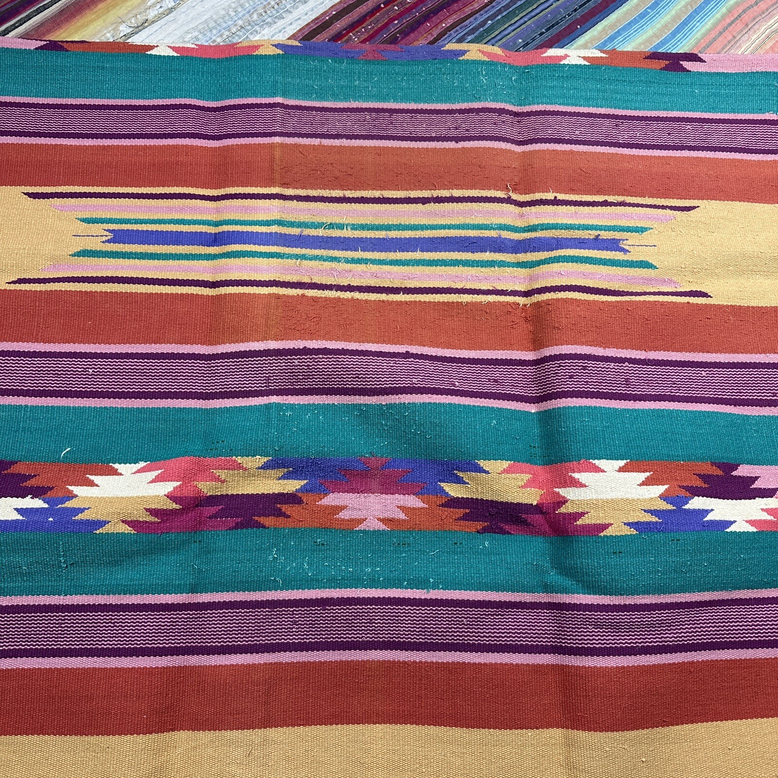 Pier One Imports Southwestern Handmade Woven Rug Cotton Aztec w/ Fringe 42×66”