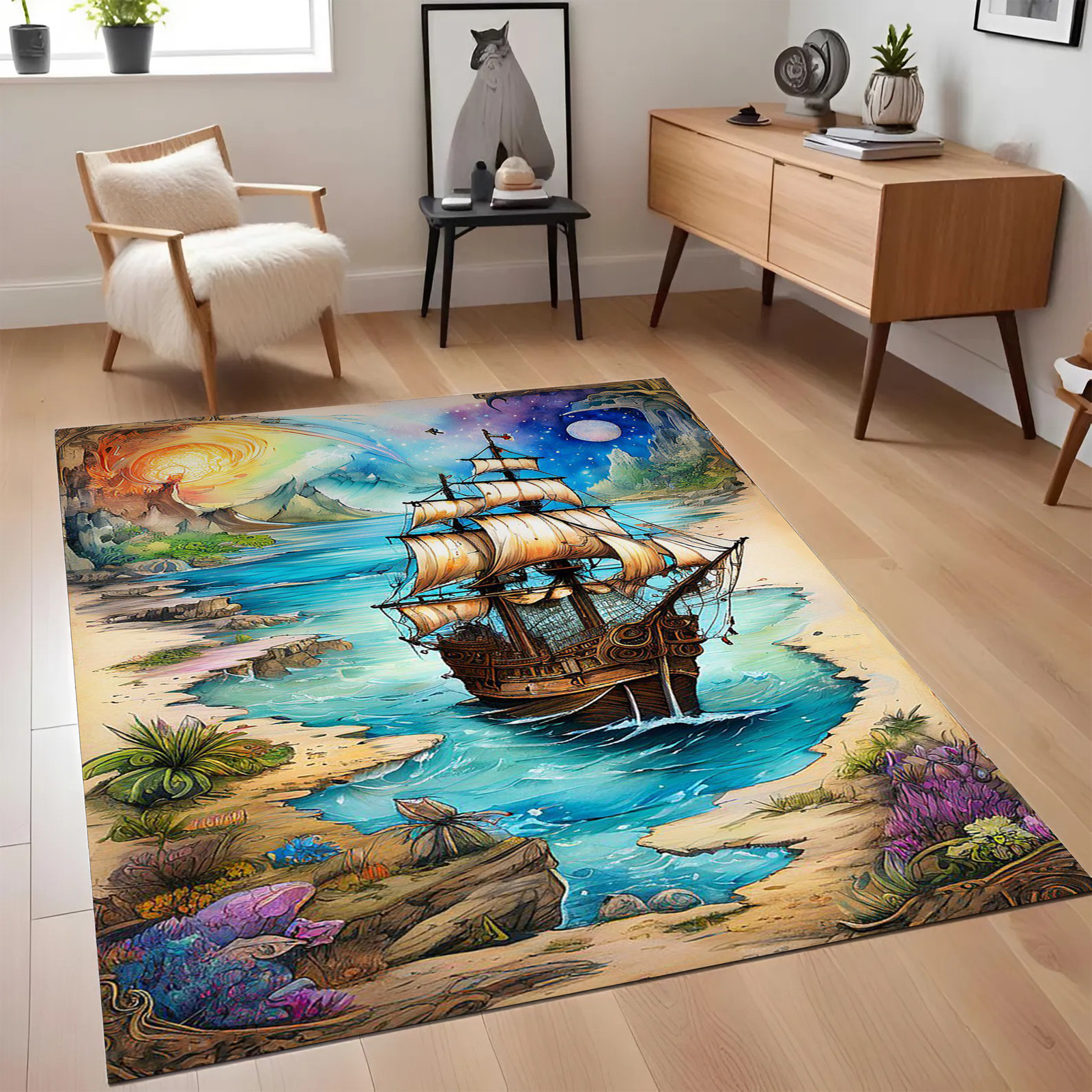 Fantasy Pirate Ship & Island Area Rug | Artistic Ocean Adventure Decor