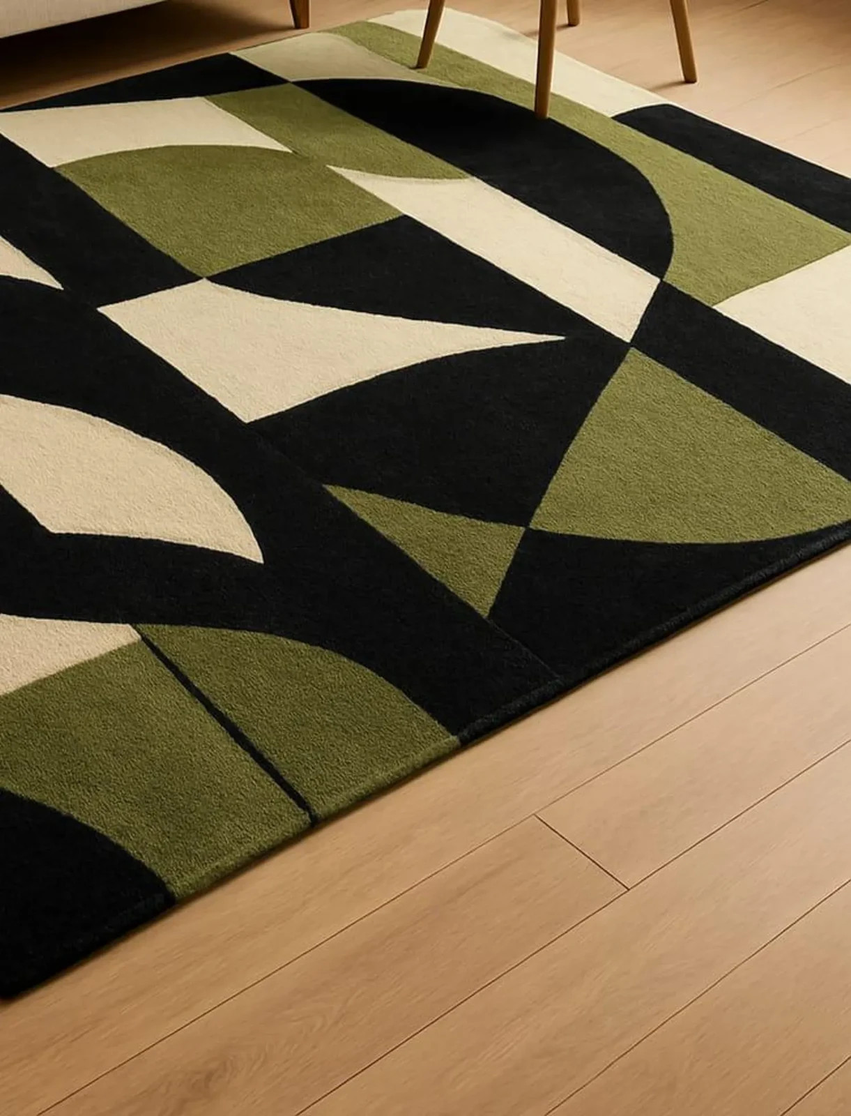 New Hand-Tufted Wool Rug: Modern Geometric Black, Green, and Beige Accent Carpet