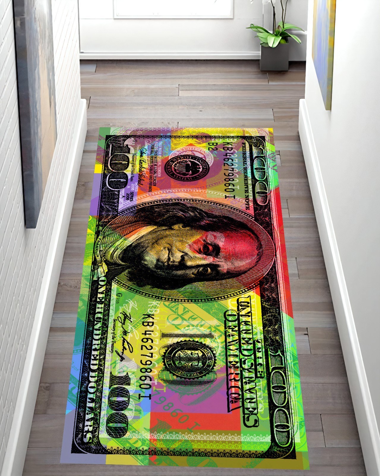 Colorful runner rug, money runner rug, kitchen rug, dollar pattern rug