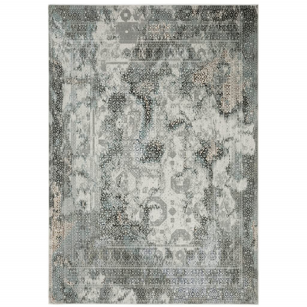6′ X 9′ Ivory Grey Charcoal Blue And Rust Oriental Power Loom Stain Resistant