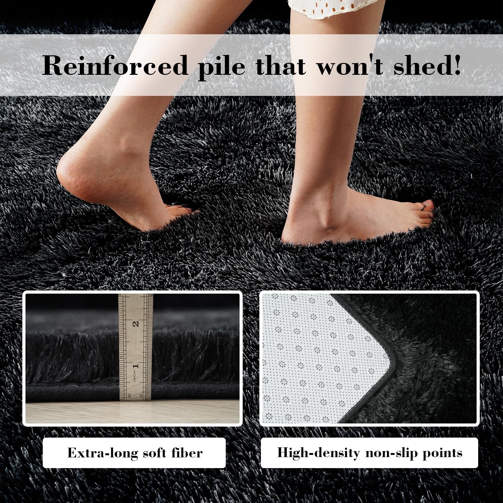 Fluffy Rug Shag Area Rug, Black 2×4 Rugs 2′ x 4′ (Rectangular),