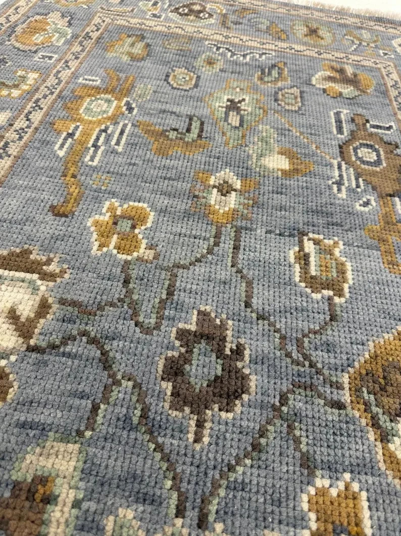 Hand Knotted Oushak Wool Rug Light Blue Beige Brown Floral Room Size
