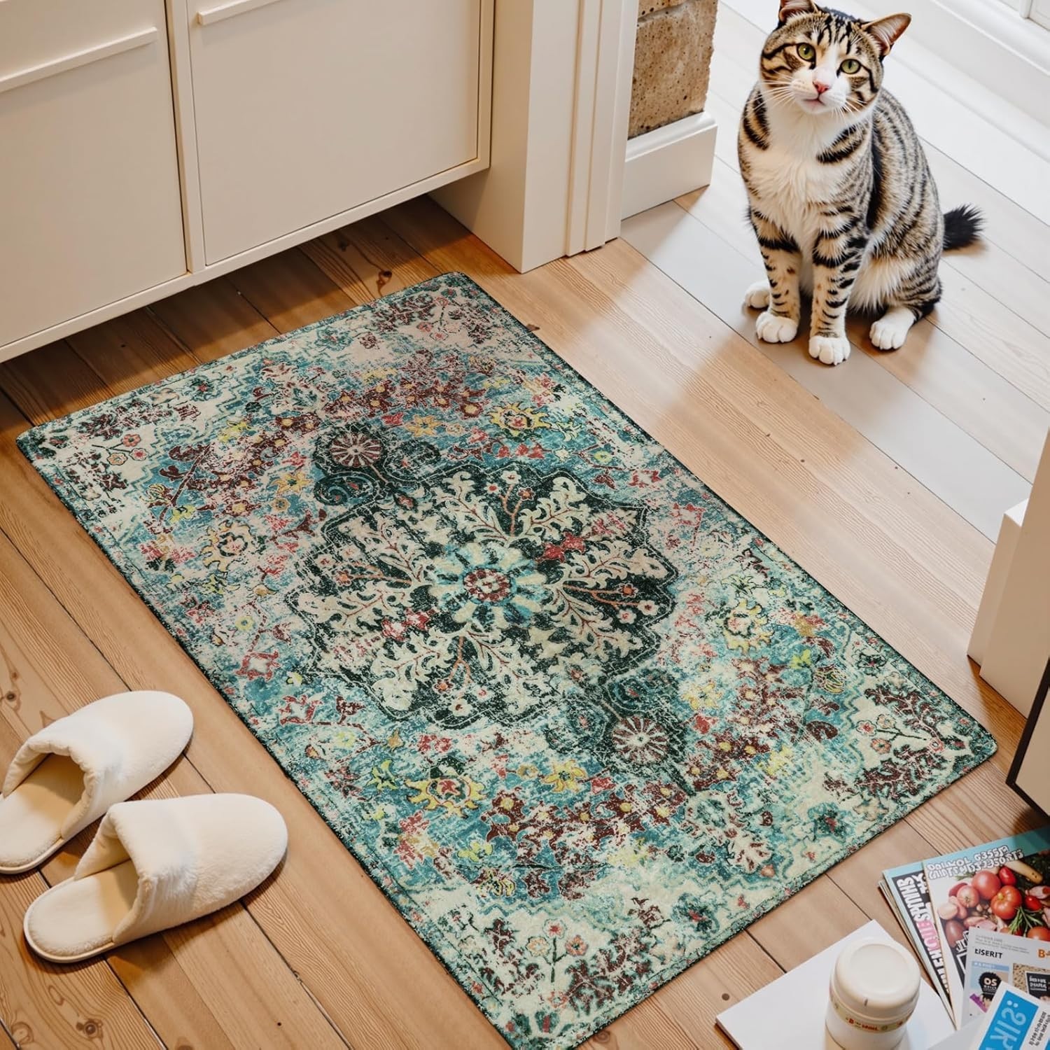 Teal 2×3 Washable Area Rug – Bohemian Floral Medallion with Non-Slip Base